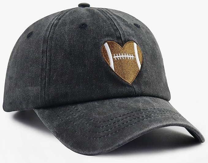 Football Heart Hat for Men Women, Adjustable Cotton Embroidered Heart Football Baseball Cap