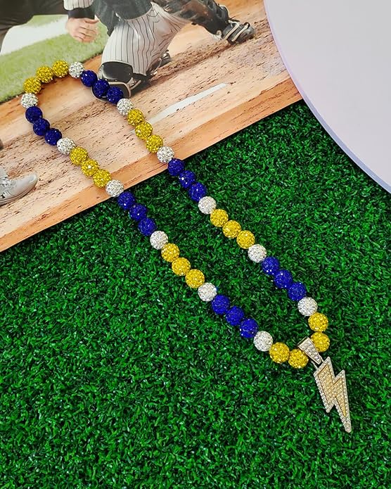Baseball Necklace for Men 16/18/20 Inch Bling Ice Collection Lightning Bolt Pendant Necklace for Women Rhinestone Clay Beaded Discoball Accessories Gifts for Baseball Team Players Lovers