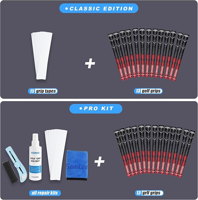 Geoleap Golf Grips Set of 13- Grips with Tapes and Grips with All Repair Kits for Choice,Hybrid Golf Club Grips All Weather Contral, High Feedback & Traction Golf Grips for Men and Women.
