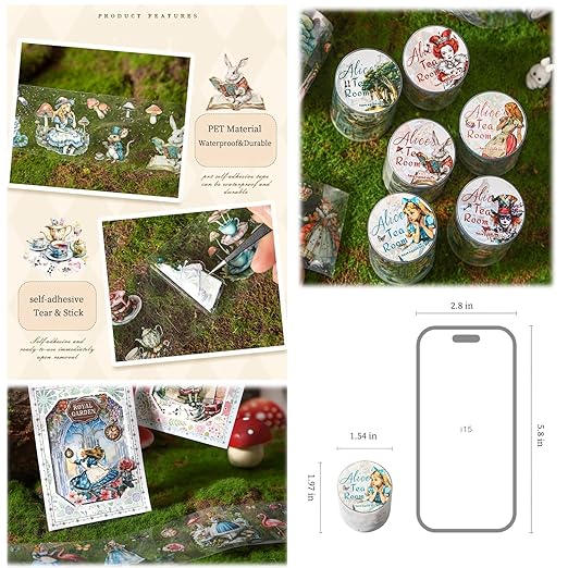 6 Rolls PET Tape Stickers for Journaling, Alice Fairy Washi Tape Stickers for - Image 6