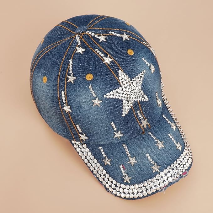 Hoce Fashion Rhinestone Denim Baseball Cap Studded Bling Hat for Women