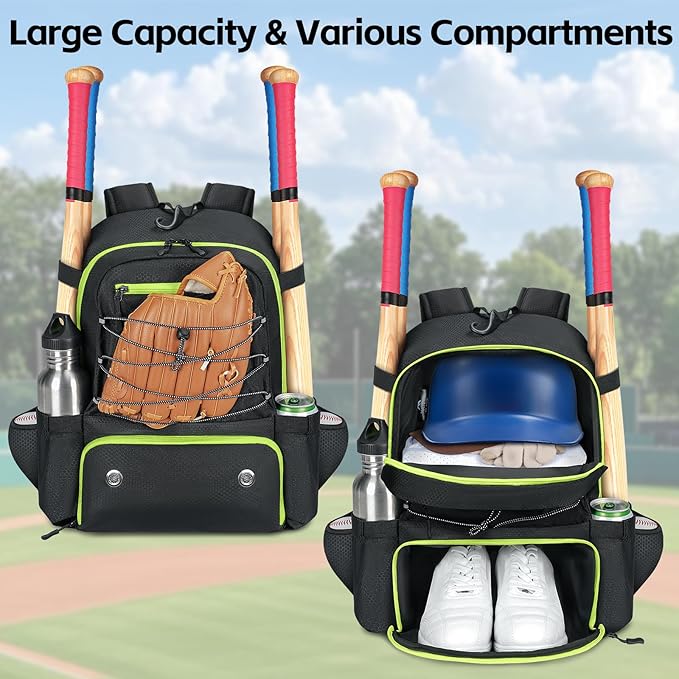 MATEIN Baseball Bat Bag for 4 Bats with Ball Pocket, Lightweight Youth Baseball Backpack with Shoe Compartment, Large Capacity Softball Equipment Bag with Fence Hook for TBall Gear, Helmet, Glove