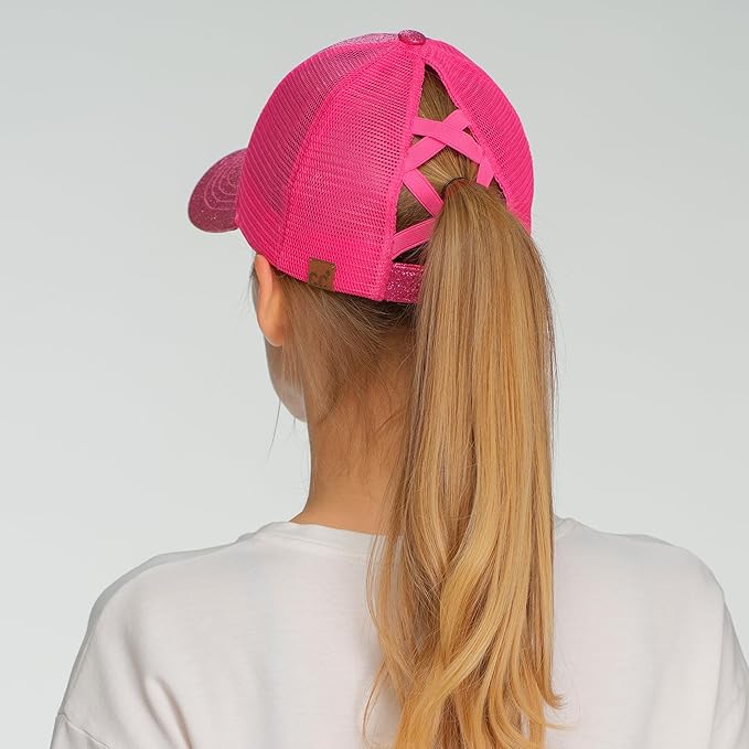 C.C Ponycap Messy High Bun Ponytail Adjustable Glitter Mesh Trucker Baseball Cap