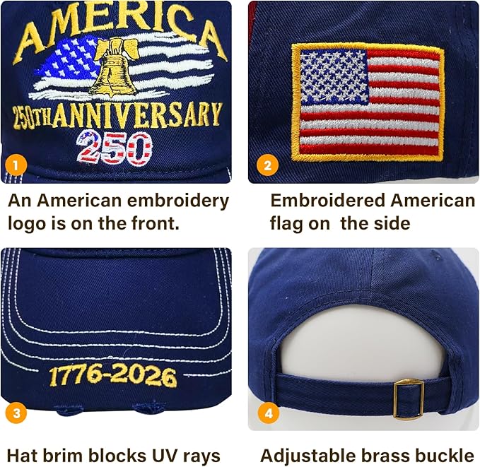 U.S.A 250th Anniversary Embroidered Baseball Cap Adjustable 1776-2026 Anniversary Birthday Retro Patriots Hat for Men Women