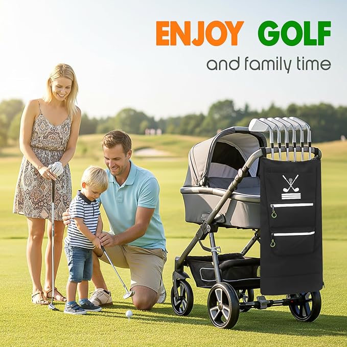 Universal Golf Stroller Attachment,Stroller Golf Bag for 6 Clubs + Putter,Golf Club Holder for Stroller with 3 Storage Pockets,Baby Caddy Golf Bag with Travel Pouch,Perfect Golf Gift for Parents
