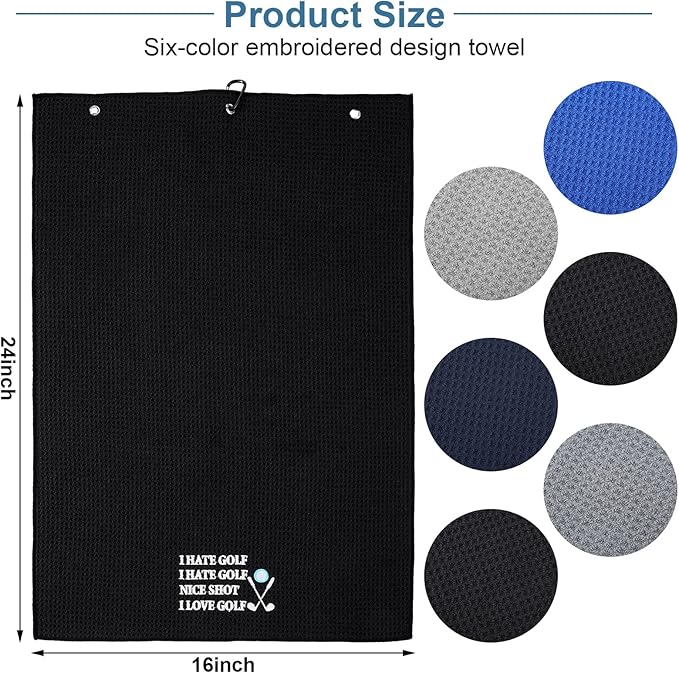 Moukeren 6 Pcs Fathers Day Gift Funny Golf Towel 16 x 24 Microfiber Embroidered Ball Towel Swing Swear Repeat Waffle Pattern for Golf Bags with Clip Accessories for Fan Gift Retirement Present(Men)