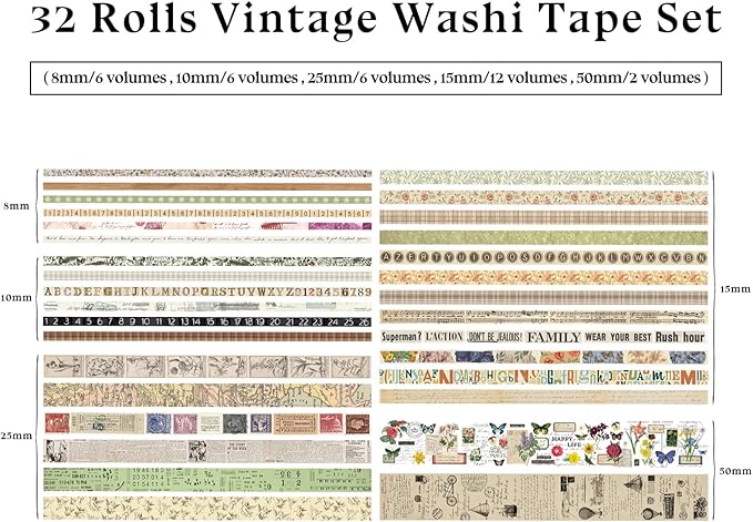 32 Rolls Vintage Washi Tape, Aesthetic Colored Decorative Cute Scrapbook Tape - Image 4