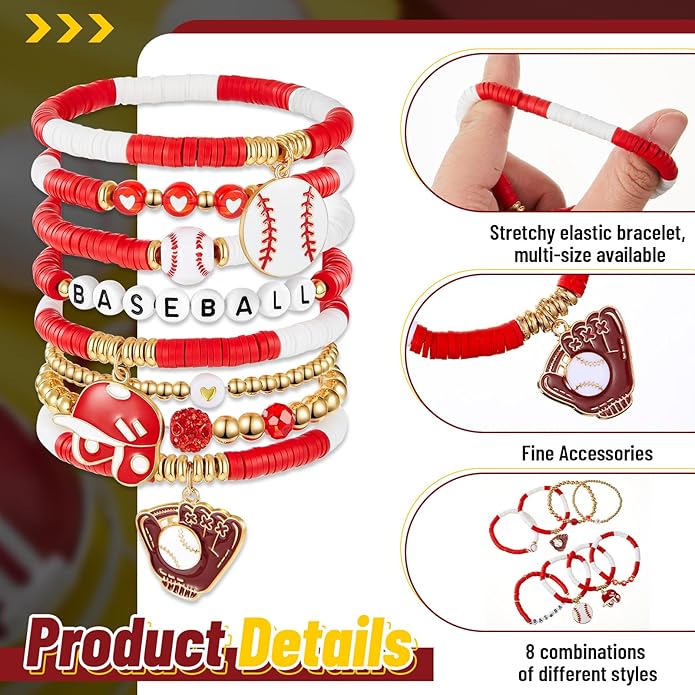 Huquary 8 Pack Sports Bracelets for Women Mom Soccer Baseball Football Volleyball Basketball Stackable Heishi Clay Beaded Bracelet Accessories Fan Outfits Jewelry Gifts for Sports Party Favor