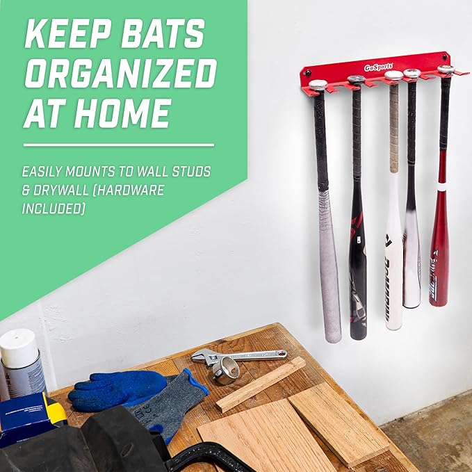 GoSports Baseball & Softball Bat Racks - Black or Red, Holds 16 Bats - Mount on Wall or Clip on Dugout Fence