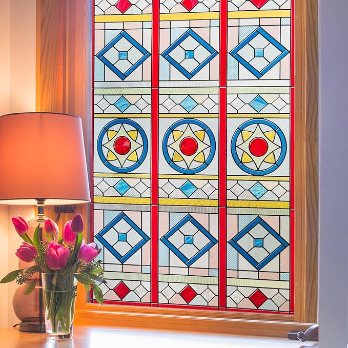 3D Stained Glass Window Privacy Film, Heat Control UV Blocking Static Cling by OHTMERU