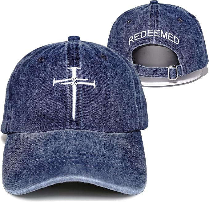 Christian Redeemed Cross Nails Hats for Men Women, Vintage Adjustable Cotton Embroidered Front & Back Baseball Cap
