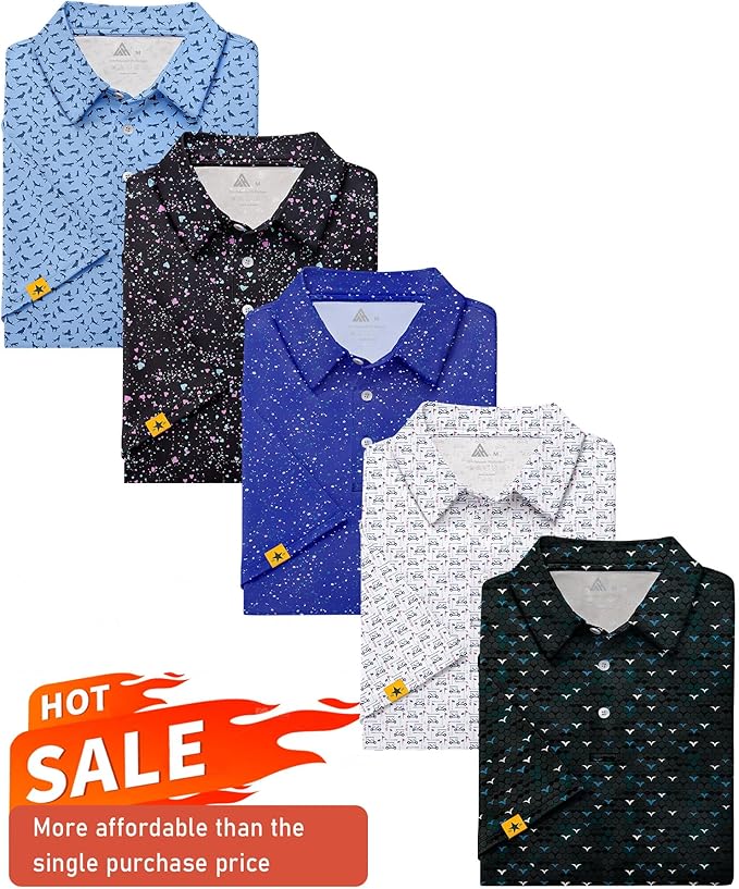ZITY 5 Pack Mens Golf Shirt Short Sleeve UPF 50+ Moisture Wicking Performance Print Patterns Casual Golf Polo Shirts for Men