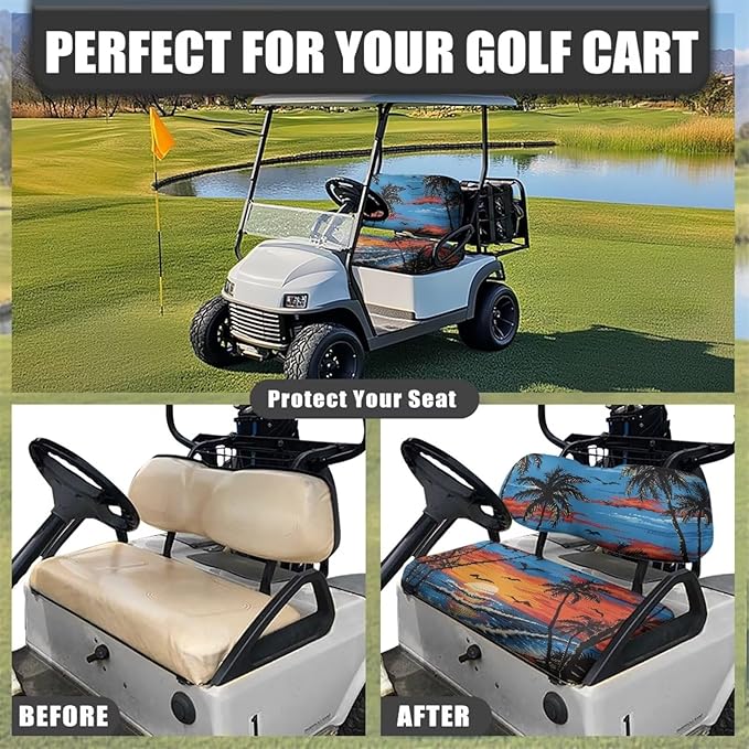 Bulopur Tropical Palm Tree Sunset Golf Cart Seat Covers for EZGO TXT RXV/Club Car DS Precedent Golf Car Seat Cushion Cover and Backrest Cover Sets 2 Piece Golfcart Accessories