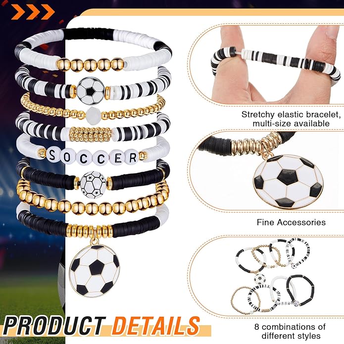 Huquary 8 Pack Sports Bracelets for Women Mom Soccer Baseball Football Volleyball Basketball Stackable Heishi Clay Beaded Bracelet Accessories Fan Outfits Jewelry Gifts for Sports Party Favor