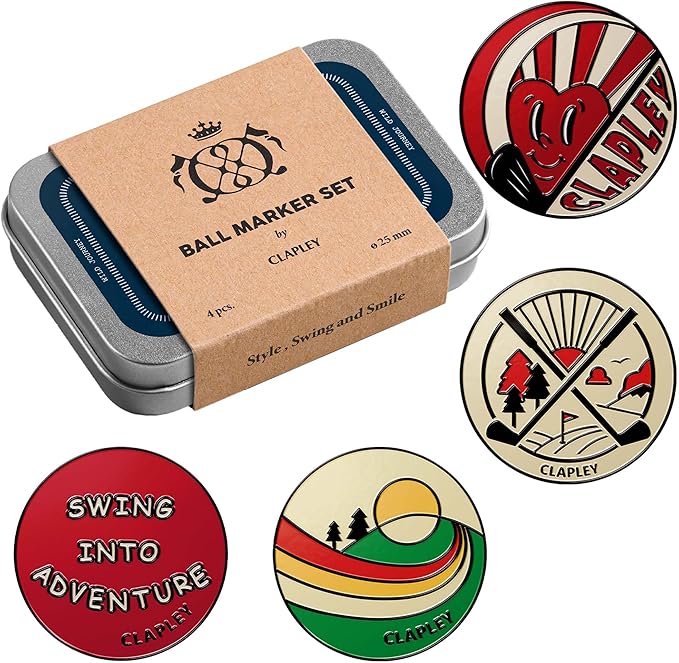 Clapley Ball Markers, Premium Gift Box Set for Golfer, 4pcs Stainless Steel & Oven-Cured Enamel, Eye-catching & Easy to spot, Pair with Magnetic Glove & Clip