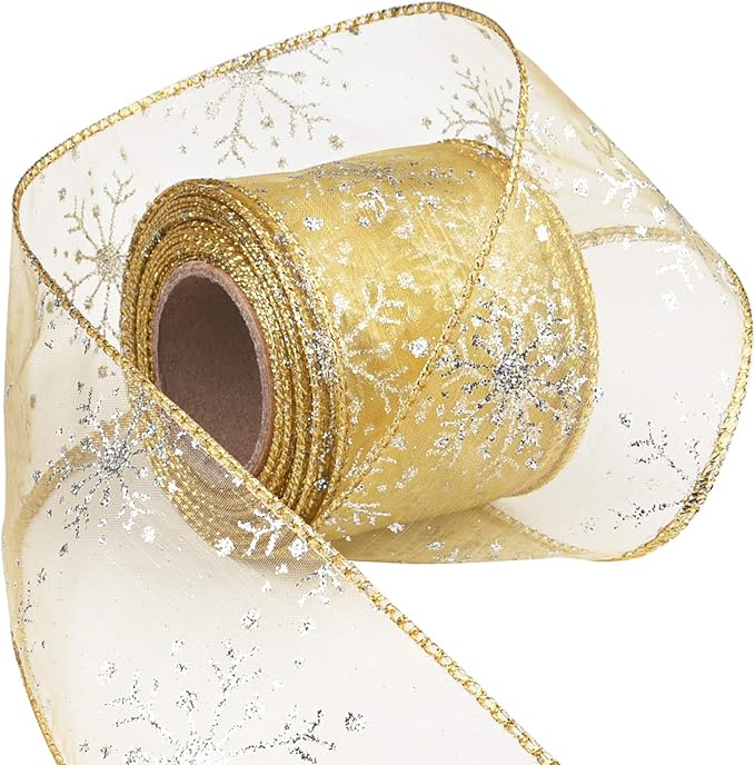 2.5 Inch Wide Christmas Wired Ribbon Snowflake Organza Sheer Glitter Ribbon by Livder
