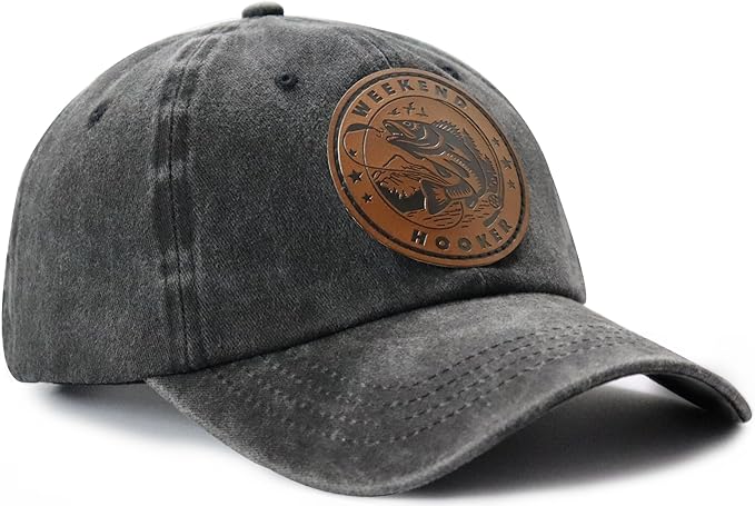 Weekend Hooker Hat for Men Women, Vintage Cotton Fish Decor Leather Patch Baseball Cap for Fishing Lovers Dad Mom