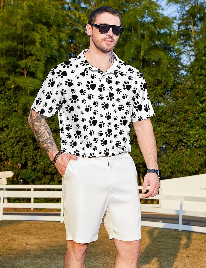 HUURAY Funny Golf Polos for Men Funny Print Short Sleeve Shirts Quick Dry Polo Shirts Hawaiian Shirt Performance Golf Outfits