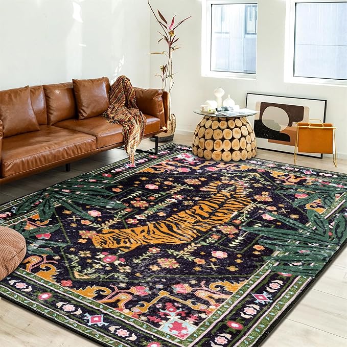 Oriental Tropical Washable Rugs, Stain Resistant Black Boho Vintage Distressed - Image 2