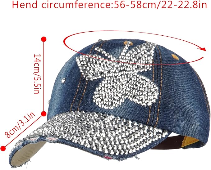 Hoce Fashion Rhinestone Denim Baseball Cap Studded Bling Hat for Women