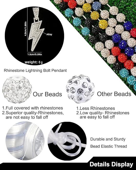 Baseball Necklace for Men 16/18/20 Inch Bling Ice Collection Lightning Bolt Pendant Necklace for Women Rhinestone Clay Beaded Discoball Accessories Gifts for Baseball Team Players Lovers