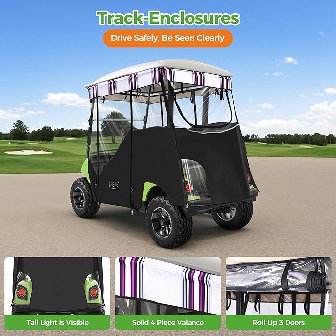 10L0L 2 Passenger Track-Style Enclosure Cover for Yamaha G29 Drive/Drive 2, Waterproof 600D Polyester Rain Shelter with Pre-Drilled Awning Track, 3-Piece Zip-Off Design, Roll-Up All Sides,Valance