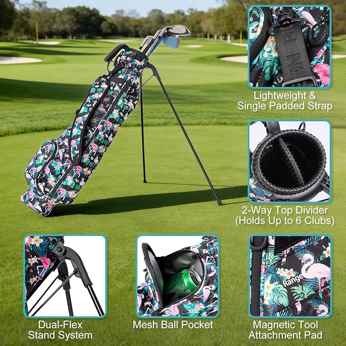 Sunday Golf Bag with Strap & Stand, Lightweight Golf Stand Bags with Two-Way Divider/Cooler Pocket, Golf Club Bags Holds 5-6 Clubs for Driving Range, Par 3 and Standard Courses