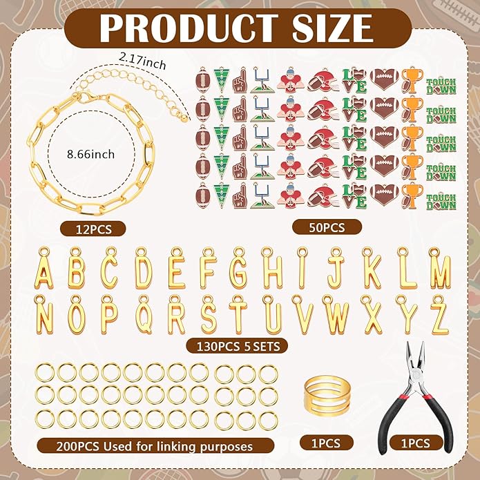 Kigeli 394 Pcs Sports Bracelets for Women DIY Game Bracelets kit Softball Baseball Football Jewelry Crafts Adjustable Gold Letter Charms Keychain for Team Sport Lovers Gifts