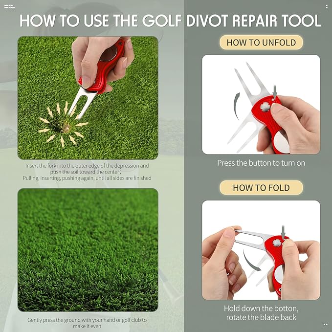 Skylety 6 Packs Golf Repair Tool Stainless Steel Foldable Golf Divot Tool Magnetic Button Ball Marker