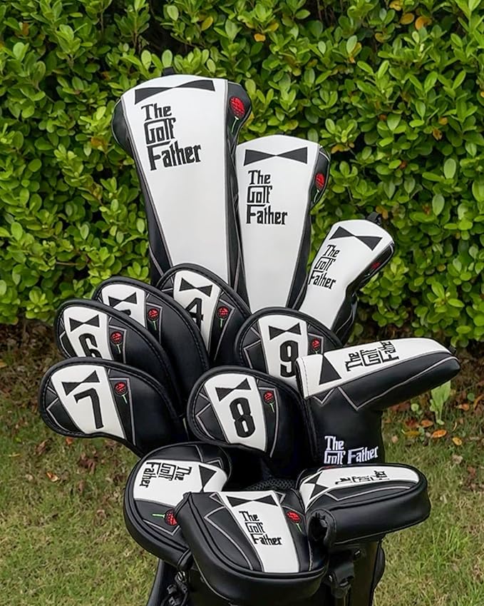 The Golf Father Funny Golf Club Covers, Driver Fairway Wood Hybrid Headcover, Mallet Putter Covers Blade Headcovers Putter Cover Magnetic, Black and White Color Iron Covers for Most Brands