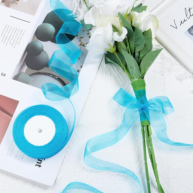 Ribbon for Gift Wrapping 3/4 inch Teal Sheer Organza Ribbon for Flower Bouquet - Image 4