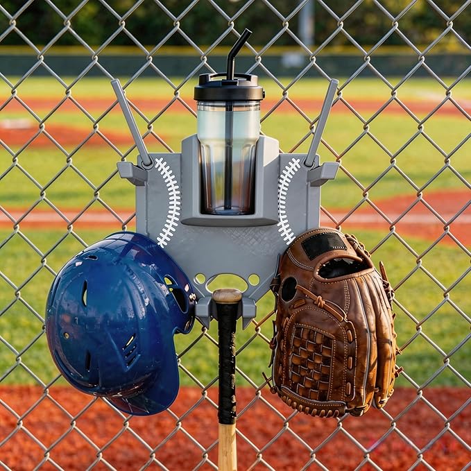 Baseball and Softball Dugout Organizer, Fence-Mounted Hanging Rack for Bats Helmets Gloves Drinks, Portable and Space-Saving (Grey)