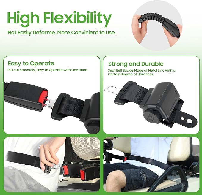 10L0L Universal Golf Cart Seat Belt Bracket Kit for 2 Passengers, Front Seat Retractable Seat Belts with Adjustable Mounting Bar, Fits EZGO TXT/RXV, Club Car DS, Yamaha Carts, Hardware Included