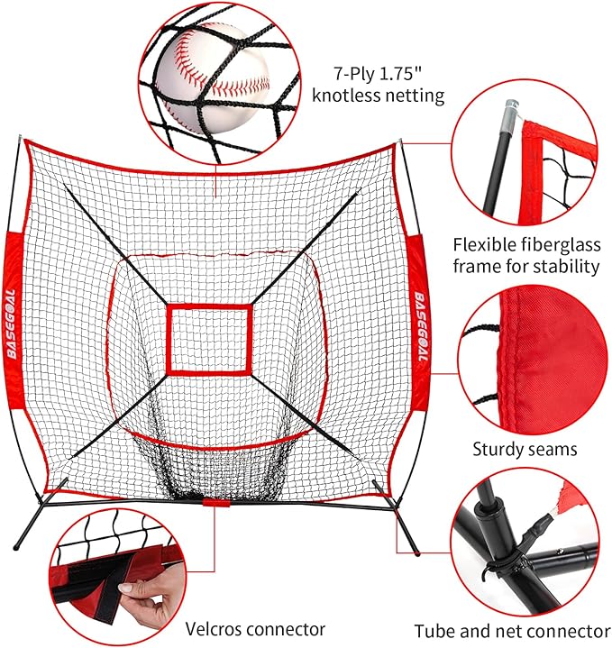 BaseGoal 7'×7' Baseball Softball Practice Net,Baseball Backstop,with Batting Tee,for Hitting Pitching Batting Catching with Bow Frame,Bonus Strike Zone