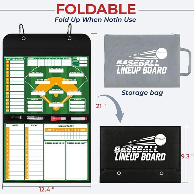 Magnetic Baseball Lineup Board for Coaches, Baseball Coaching Accessories Clipboard with Magnetic Player Markers, Portable Baseball & Softball Lineup Board for Dugout, Reusable Baseball Clipboard