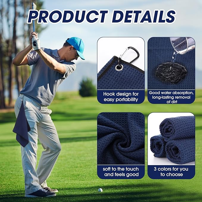 Batiyeer 30 Pcs Golf Towels Bulk for Bags 16'' x 16'' Microfiber Fabric Golf Towel with Clip Waffle Pattern for Men Mini Tournament Fitness Yoga Camping(Navy Blue)