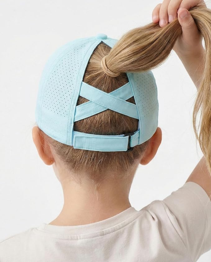 Little Girls Reflective Baseball Cap Criss Cross Ponytail Hat Kids Quick Dry Mesh Summer Sports Hat for Toddler Ages 3-8