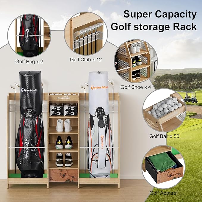 Golf Bag Storage Organizer for Garage, Premium Wooden 2 Golf Bags Rack with Drawer, Easy Assemble Golf Club Stand/Holder Suitable for Garage Home Simulator and Office