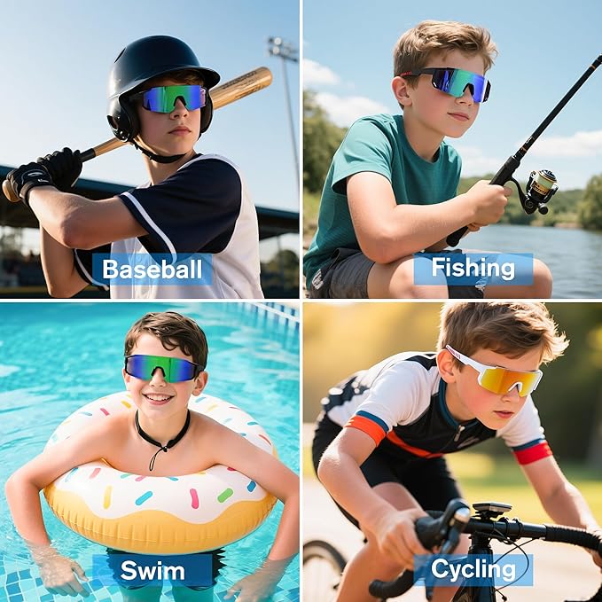 COASION Kids Baseball Sunglasses - Baseball Sunglasses for Boys Girls With Strap - Sports Softball Shades Age 3-10