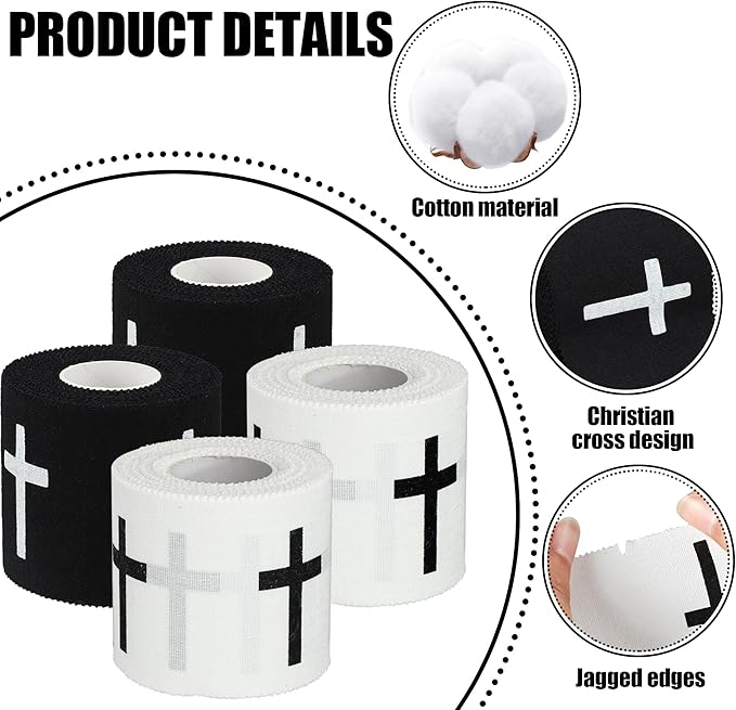 4 Pcs Christian Athletic Tapes Religious Sport Tape with Cross White Black Cross Athletic Wrist Tapes for Sports Gymnastics Tennis Baseball Boxing Athlete First Aid Injury Wrap, 2inx23ft