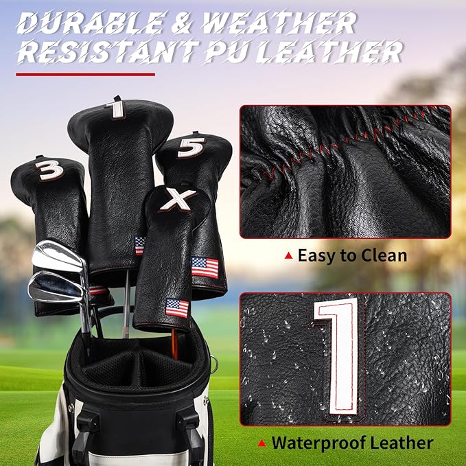 Golf Head Covers, US Flag Patriotism Golf Club Cover for Woods and Driver, Fairway, Hybrid - Premium Leather Golf Club Head Covers with Interchangeable Tags