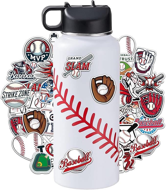 Baseball Water Bottles for Boys 32 oz and 100 PCS Baseball Stickers Sports Insulated Stainless Steel Water Bottle Baseballs Accessories Stuff Gear Gifts For 8-12 12-14 Player