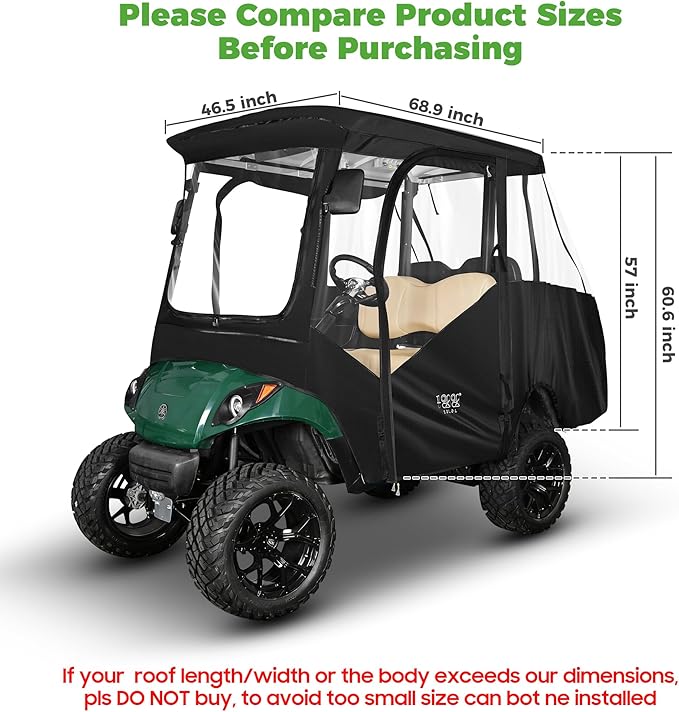 10L0L Golf Cart Driving Enclosure 2/4 Passenger for Yamaha G14 G16 G22 G29 Drive2 with Heavy Duty Zipper,600D Golf Cart Rain Cover Driving Covers with Roll-up Windshield, 4-Sided Clear Window