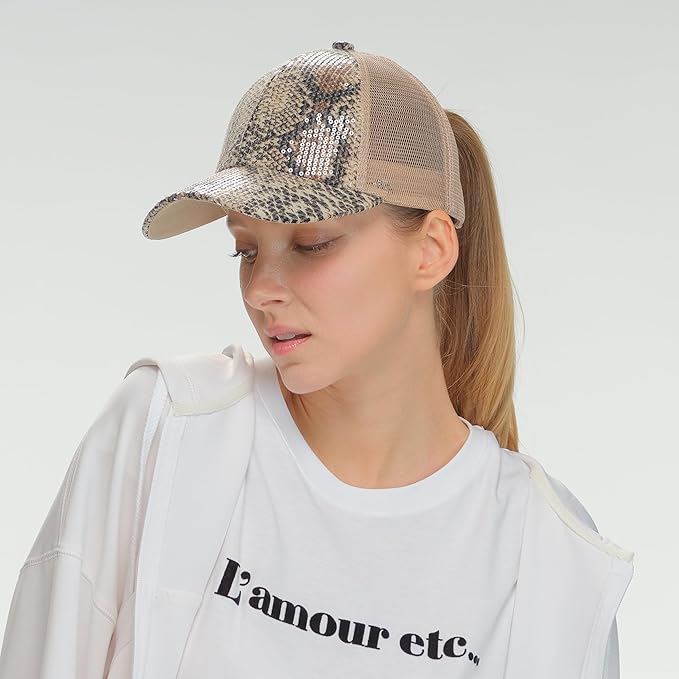 C.C Ponycap Messy High Bun Ponytail Adjustable Glitter Mesh Trucker Baseball Cap