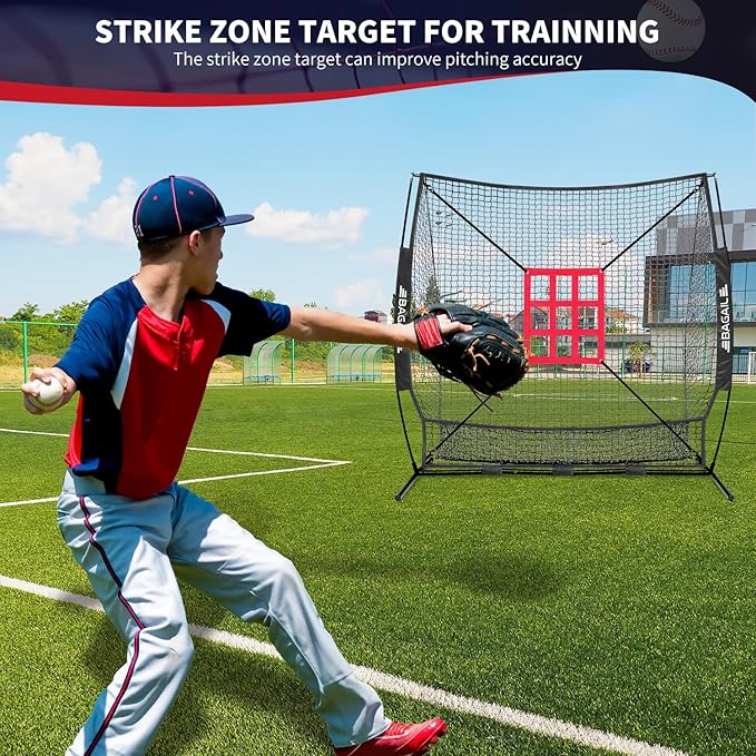 BAGAIL 7x7 ft Baseball & Softball Practice Net with Bow Frame for Batting, Hitting, Pitching, Portable Baseball Throwing Net with Strike Zone, Carry Bag, Baseball Training Aid for All Levels