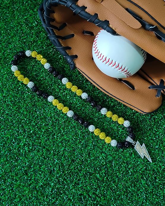 Baseball Necklace for Men 16/18/20 Inch Bling Ice Collection Lightning Bolt Pendant Necklace for Women Rhinestone Clay Beaded Discoball Accessories Gifts for Baseball Team Players Lovers