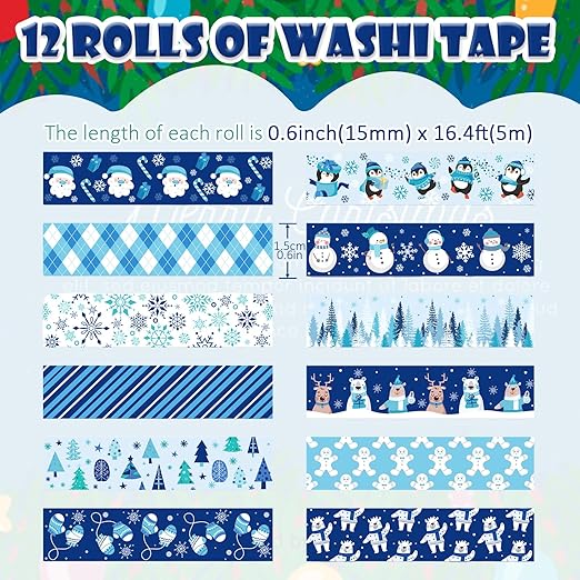 12 Rolls Winter Washi Tape Set Blue White Snowflake Snowman Holiday Masking - Image 2