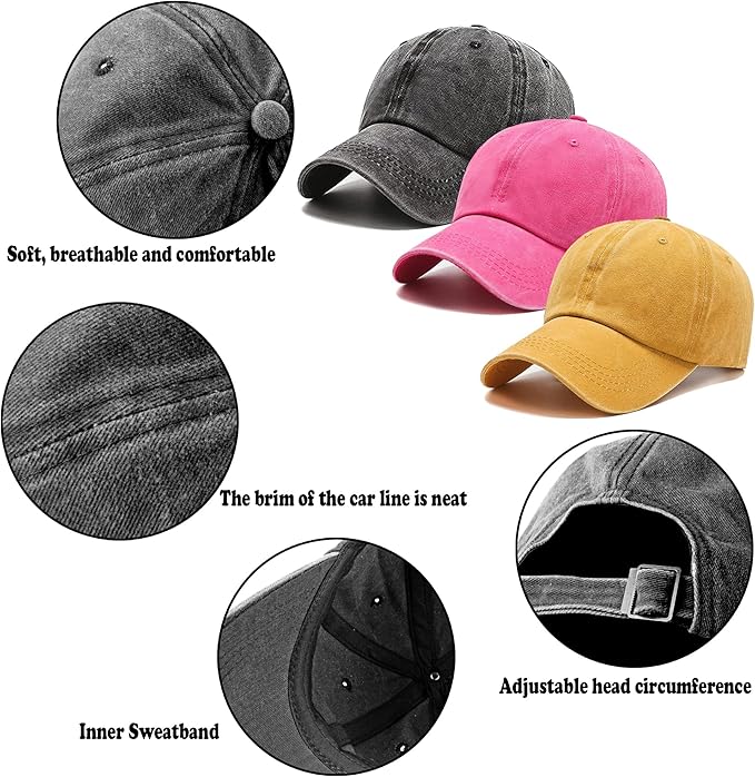 3 Pack Washed Plain Vintage Baseball Cap Cotton Adjustable Twill Bulk Low Profile Classic Dad Hat for Men/Women