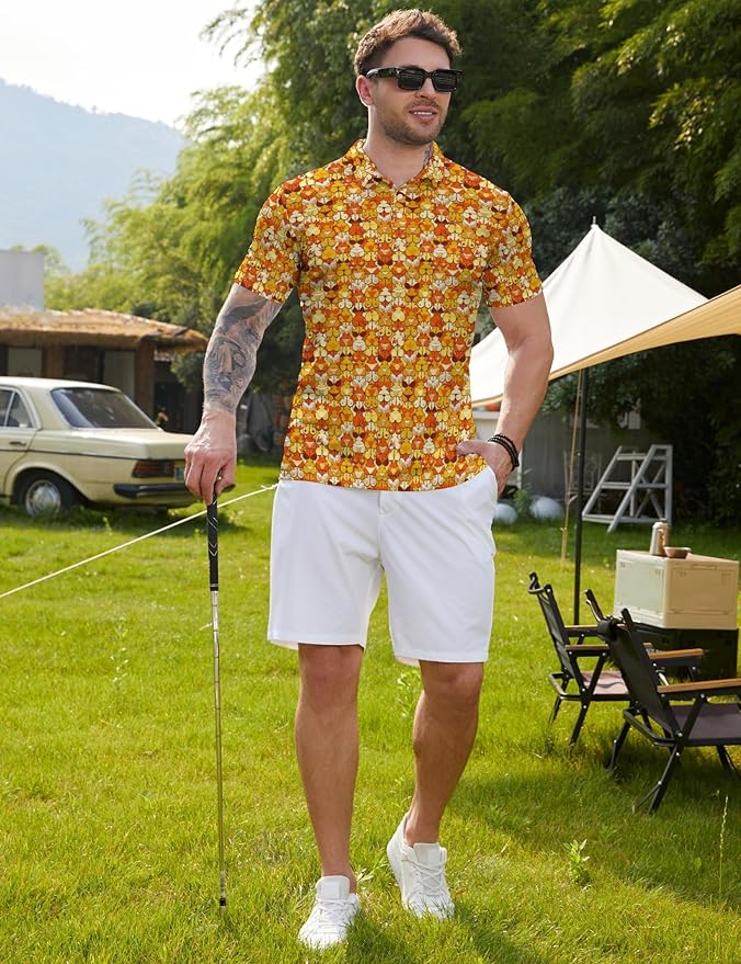 HUURAY Funny Golf Polos for Men Funny Print Short Sleeve Shirts Quick Dry Polo Shirts Hawaiian Shirt Performance Golf Outfits