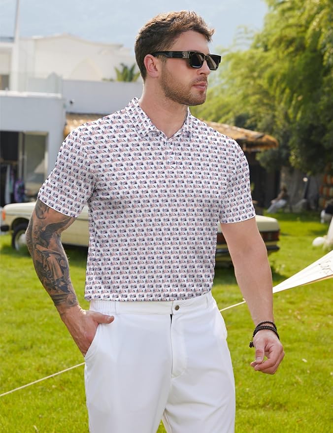 HUURAY Funny Golf Polos for Men Funny Print Short Sleeve Shirts Quick Dry Polo Shirts Hawaiian Shirt Performance Golf Outfits